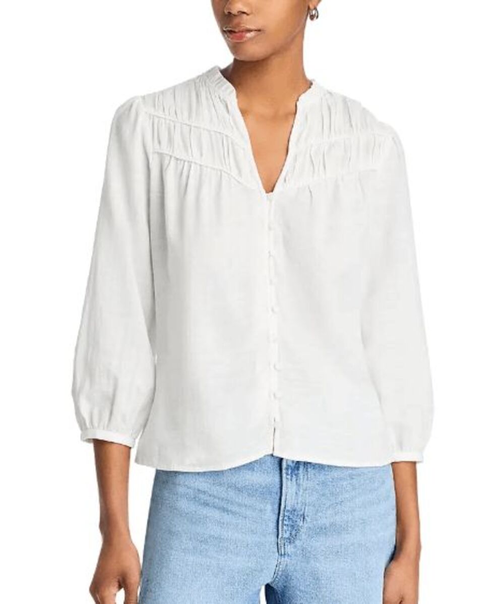 PAIGE Arlette Ruffled Cotton-Blend Blouse White 3/4 Sleeve L NWT